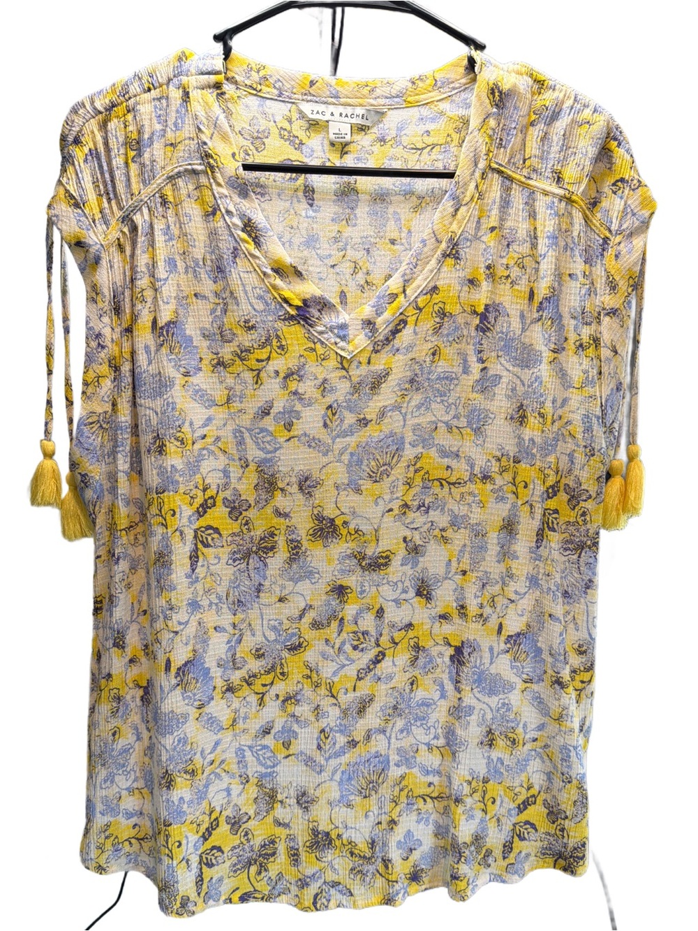 Zac & Rachel Yellow and Blue Floral V-Neck Tassel Sleeve Tunic